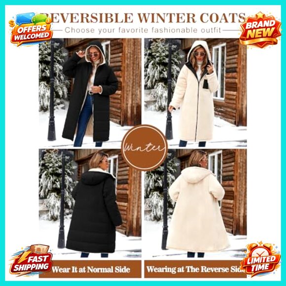 Long Quilted Puffer Jacket Reversible Sherpa Fleece Lined Hooded Winter Coat - Picture 3 of 7